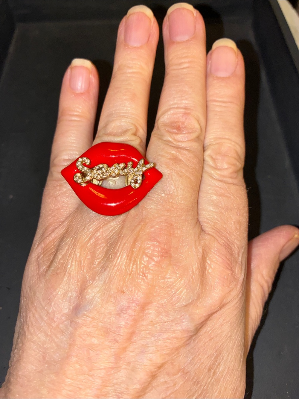 Red Lip Statement Stretch Ring with Crystal 'Sexy' Script